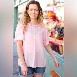Blush Mock Neck Embroidered Woven Top